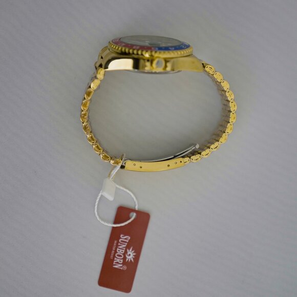 NEW SUNBORN Gold-Tone Men's Quartz Watch Red Blue Pepsi Bezel with Box and Tag - Picture 6 of 6